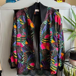 Women's Abstract Pattern Bomber Jacket - Black with Multicolor Accents